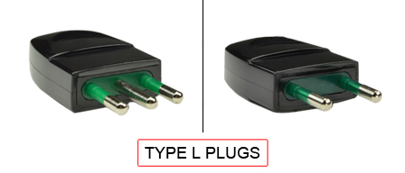 TYPE L Plugs are used in the following Countries:
<br>
Primary Country known for using TYPE L plugs is Italy.

<br>Additional Countries that use TYPE L plugs are Chile, Libya.

<br><font color="yellow">*</font> Additional Type L Electrical Devices:

<br><font color="yellow">*</font> <a href="https://internationalconfig.com/icc6.asp?item=TYPE-L-CONNECTORS" style="text-decoration: none">Type L Connectors</a> 

<br><font color="yellow">*</font> <a href="https://internationalconfig.com/icc6.asp?item=TYPE-L-OUTLETS" style="text-decoration: none">Type L Outlets</a> 

<br><font color="yellow">*</font> <a href="https://internationalconfig.com/icc6.asp?item=TYPE-L-POWER-CORDS" style="text-decoration: none">Type L Power Cords</a> 

<br><font color="yellow">*</font> <a href="https://internationalconfig.com/icc6.asp?item=TYPE-L-POWER-STRIPS" style="text-decoration: none">Type L Power Strips</a>

<br><font color="yellow">*</font> <a href="https://internationalconfig.com/icc6.asp?item=TYPE-L-ADAPTERS" style="text-decoration: none">Type L Adapters</a>

<br><font color="yellow">*</font> <a href="https://internationalconfig.com/worldwide-electrical-devices-selector-and-electrical-configuration-chart.asp" style="text-decoration: none">Worldwide Selector. All Countries by TYPE.</a>

<br>View examples of TYPE L plugs below.